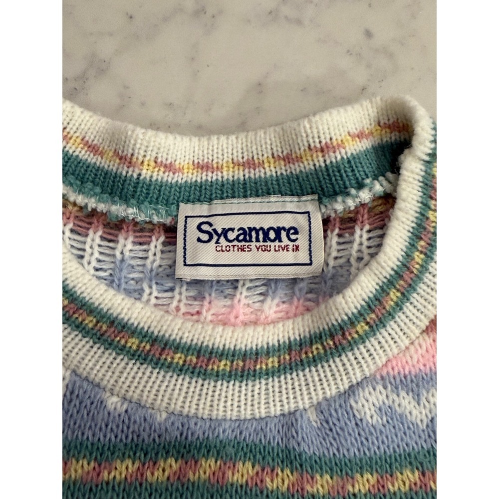 Sycamore Vintage Pastel Floral Fair Isle Knit Sweater USA Made Crew Neck Large - Picture 3 of 8